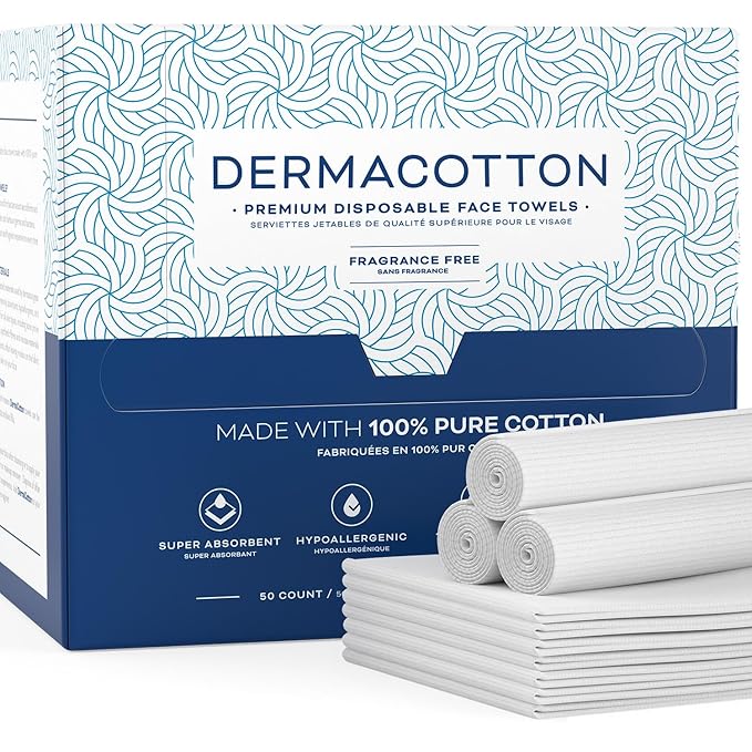 X-Large 100% Pure Cotton Face Towels – 50 Count Extra Large Disposable Wash by Dermacotton