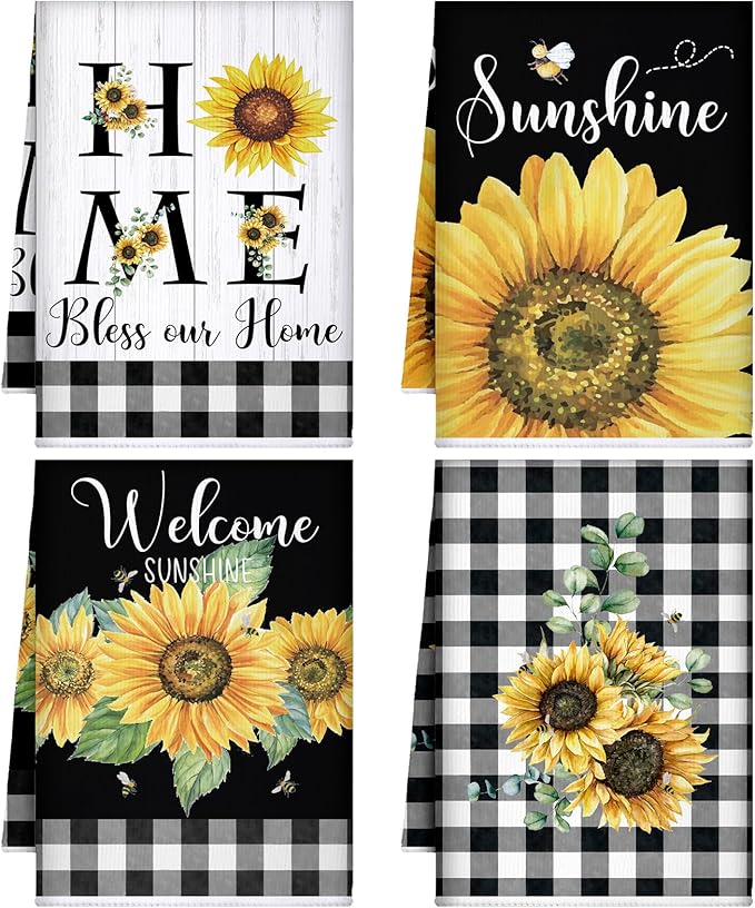 Bencailor 4 Pcs Sunflower Kitchen Towels Summer Black and White Tea Towels by Bencailor