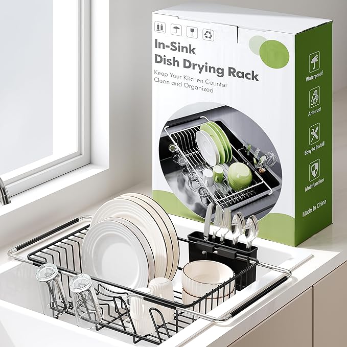 Over the Sink Expandable Dish Drainer Drying Rack In Stainless Steel by Romision