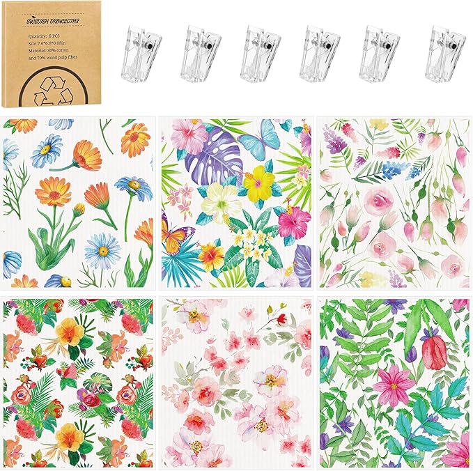 6 Pack Swedish Dishcloths for Kitchen, Swedish Rag Absorbent Spring Floral Dish by Needbrock