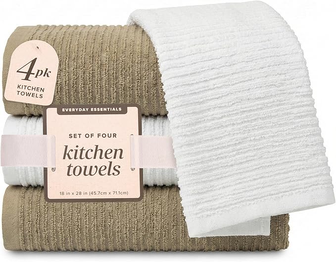 MosJos Kitchen Hand Towels Set of 4 Cotton Ribbed Taupe and White Hand Towels by MosJos