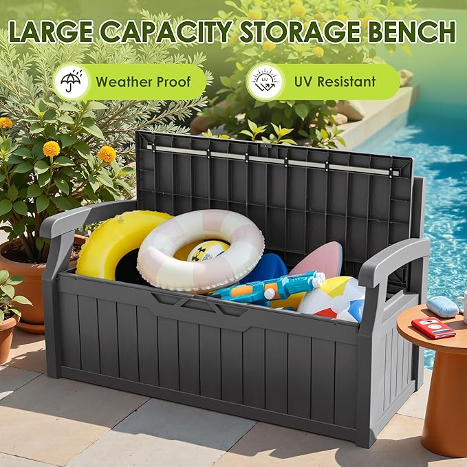 Greesum 80 Gallon Outdoor Storage Bench, Resin Patio Furniture with Armrest,Waterproof and UV-Resistant, Perfect to Garden, Poolside and Lawn, Dark Grey - Image 6