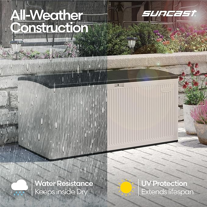 Suncast 160-Gal. Resin Extra-Large Outdoor Patio Deck Box with Pad-Lockable Lid, Modern Reeded Outdoor Patio Bench/Storage Box for Cushions, Garden Tools, and More, Iron Ore/French Gray - Image 4