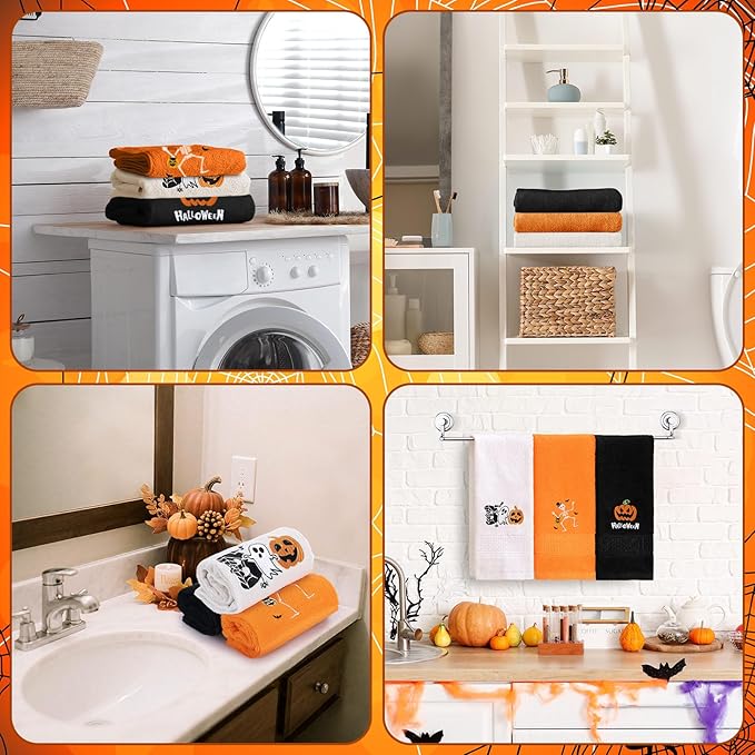 3 Pcs Halloween Hand Towels for Bathroom Embroidered Pumpkin Ghost Skull - Image 5