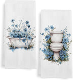 Blue Floral Hand Towels for Bathroom Set of 2, Flower Botanical Dish Tea by Unknown