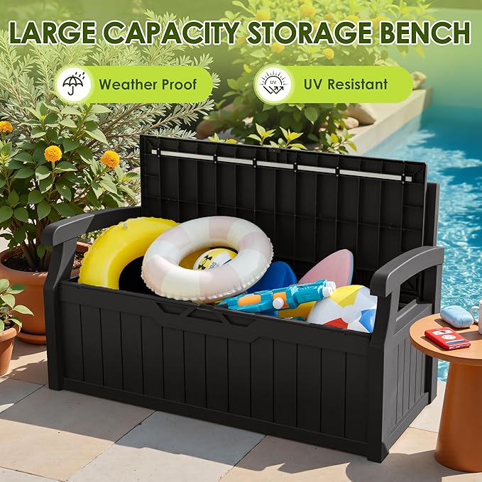Greesum 80 Gallon Outdoor Storage Bench, Resin Patio Furniture with Armrest,Waterproof and UV-Resistant, Perfect to Garden, Poolside and Lawn, Black - Image 6