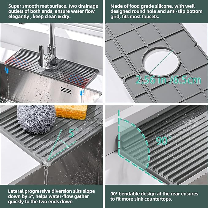 Faucet Mat for Kitchen Sink, Silicone Faucet Handle Drip Catcher Tray, Drying - Image 6