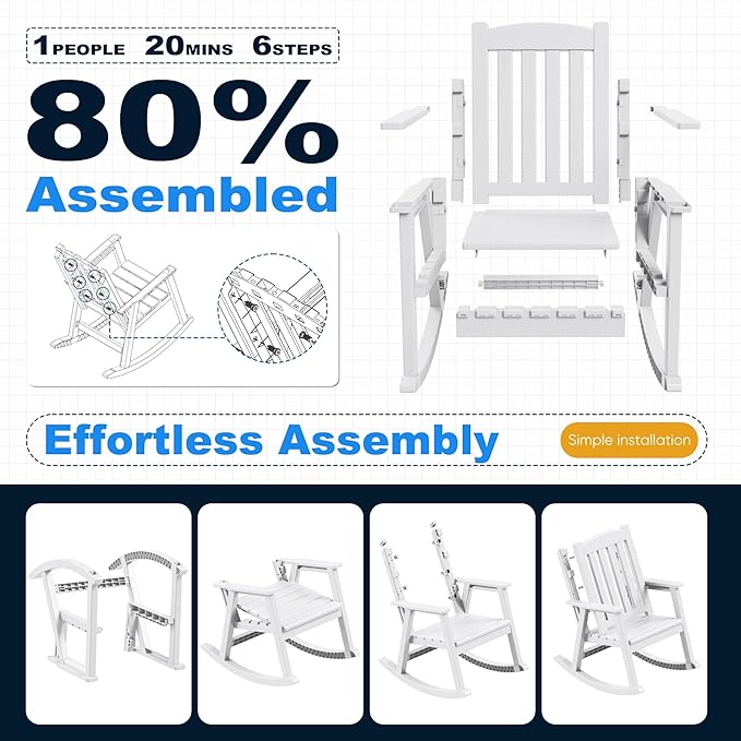 Devoko PP Material Rocking Chair Outdoor Indoor All Weather High Back Patio Rocker for Adult Heavy Duty Rocking Chair for Patio Backyard Porch Garden (Heavy Duty, White) - Image 5