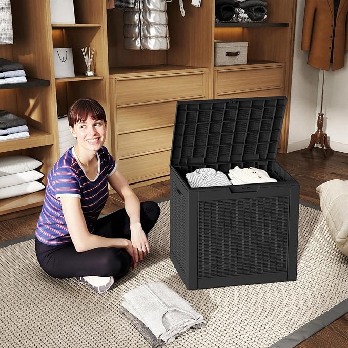 EasyUp 31 Gallon Resin Deck Box Waterproof, UV Resistant Outdoor Storage Box for Delivery, Patio, Garden,and Porch,Rattan Black - Image 4