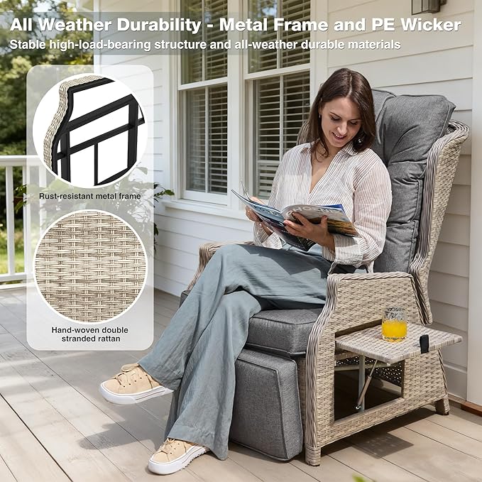 Outdoor Recliner with Adjustable Back and Footrest, Patio 150° Lay Flat Recliner with Flip Table Wicker Reclining Lounge Chair, Grey with Beige Wicker - Image 6
