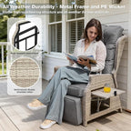 Outdoor Recliner with Adjustable Back and Footrest, Patio 150° Lay Flat Recliner with Flip Table Wicker Reclining Lounge Chair, Grey with Beige Wicker - Image 6