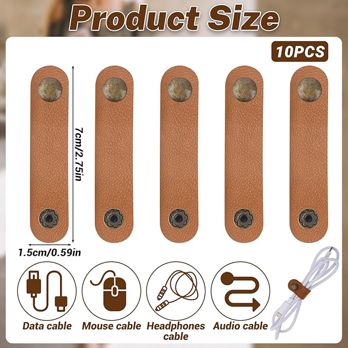 10pcs Leather Cord Organizer Straps Travel Cord Leather Snap Brown PU Phone - Image 2