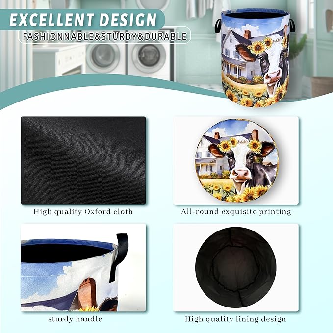 Cows Sunflower Laundry Basket Cow Foldable Funny Laundry Hamper Oxford Cloth - Image 4