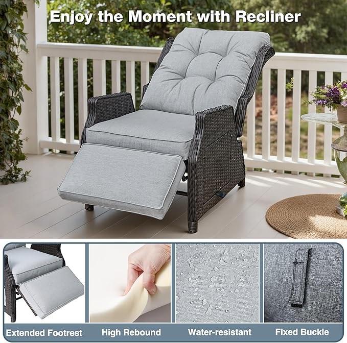 Outdoor Indoor Wicker Recliner with Adjustable Back and Footrest, Patio Reclining Chair with Flip-up Table, Outdoor Rattan Lounge Chair, Light Grey - Image 4