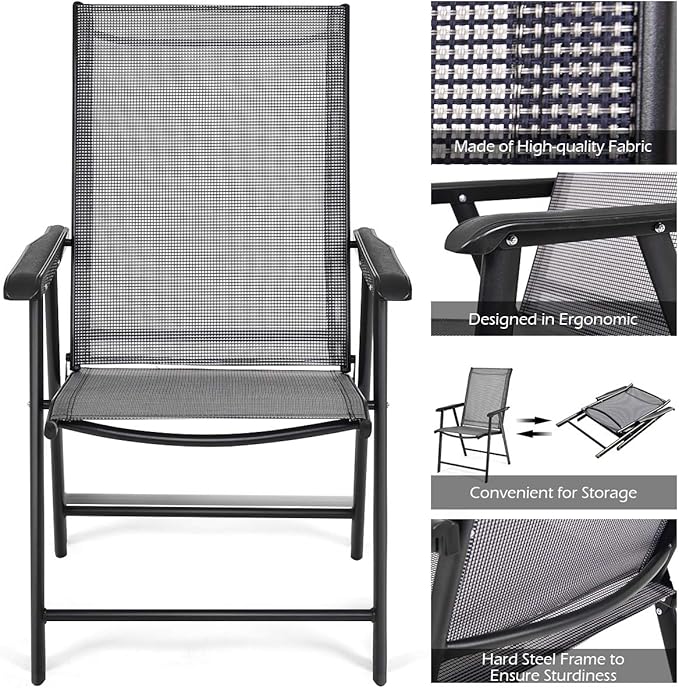 Giantex Set of 4 Folding Patio Chairs, Outdoor Portable Dining Chairs for Garden Camping Poolside Beach Deck Lawn, 4-Pack Sling Armchairs, Metal Frame, Grey - Image 6