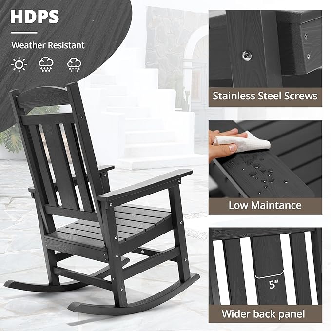 LUE BONA Outdoor Rocking Chairs Set, 3-Piece, HDPS Poly Porch Rockers with Table, Plastic Weather Resistant Rocking Chair Set for Outdoor Indoor, Garden, Backyard, 350lb, Gray Chairs+Table - Image 4