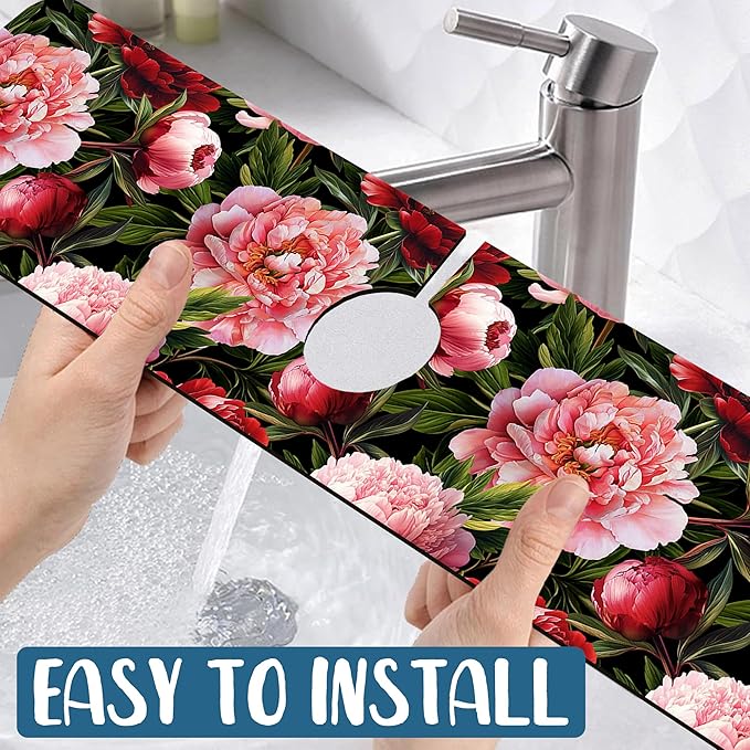 Blooming Peony Sink Splash Guard Pink Peony Flowers Faucet Absorbing Mat Fast - Image 5