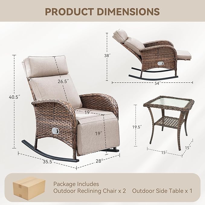 3 Pieces Zero Gravity Wicker Patio Rocking Recliner Chairs Set of 2 - Wicker Outdoor Lounge Chair with Side Table, Adjustable Backrest & Footrest, High Back Outdoor Recliner Chair for Pool Deck Beige - Image 2