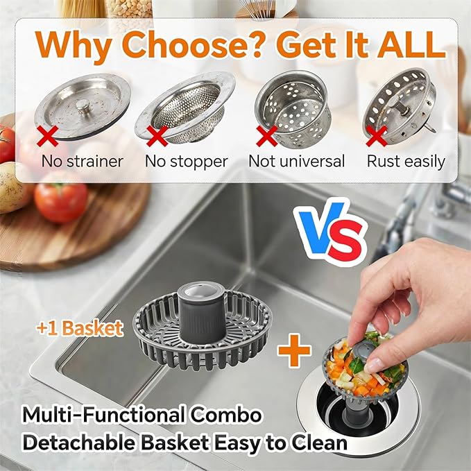 Solid Brass Body 3-in-1 Kitchen Sink Drain Strainer & Stopper, Heavy Duty Pop - Image 4