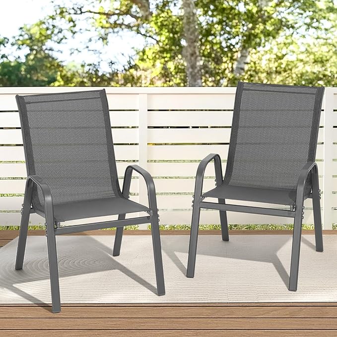 Patio Chairs Set of 2, All Weather Breathable Stackable Outdoor Dining Chairs with High Back and Wide Seat, Easily Set Up Outdoor Chairs Set of 2 with Metal Frame for Backyard Garden Pool, Grey - Image 2