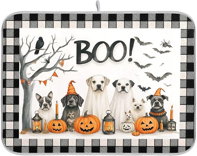 Halloween Dogs Dish Drying Mat for Kitchen Countertop 18x24 Raven Bat Pumpkin by Wamika