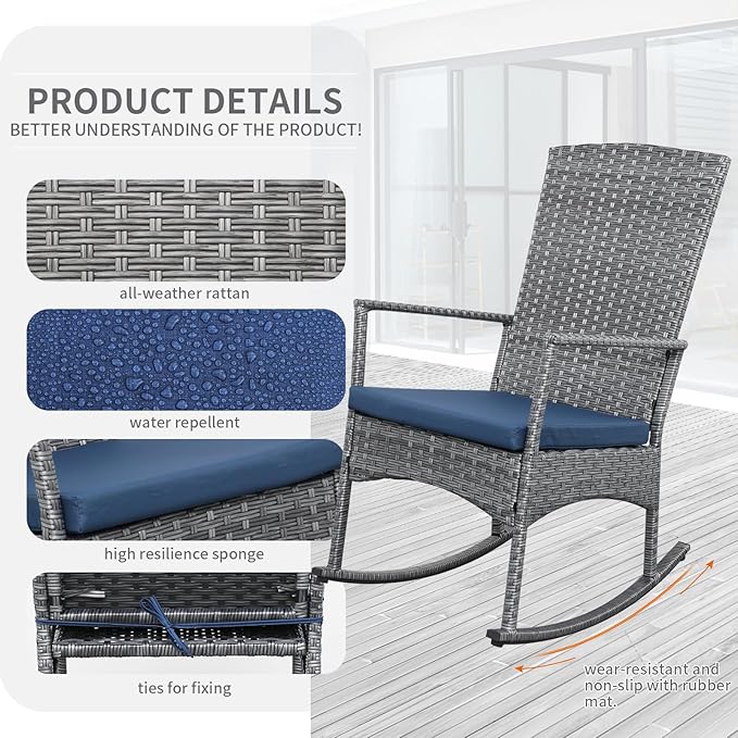 Rocking Chair Outdoor 3 Pieces High-Backed Patio Rocking Chairs Bistro Table and Chairs Set of 2, Navy Blue - Image 4