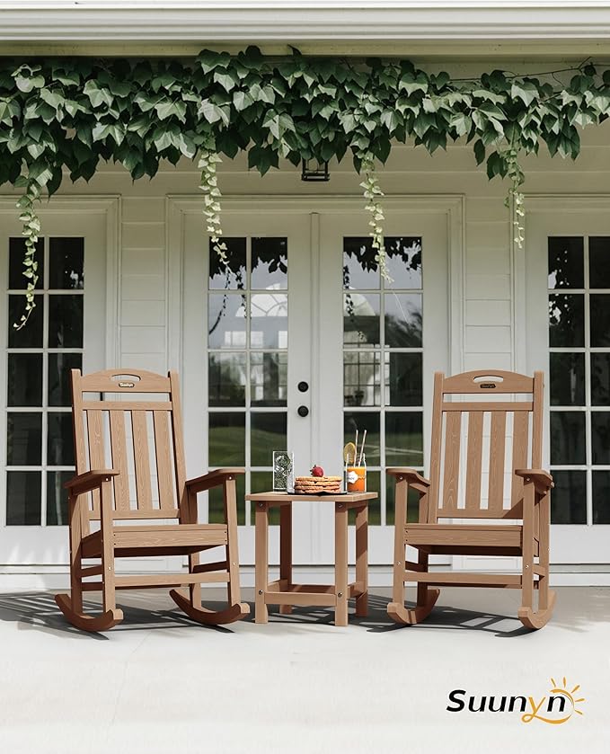 Oversized Rocking Chairs Outdoor Set of 2, High Back Porch Rocking Chair, HDPE All Weather Resistant Patio Chairs, 380lbs Weight Capacity, Teak - Image 2