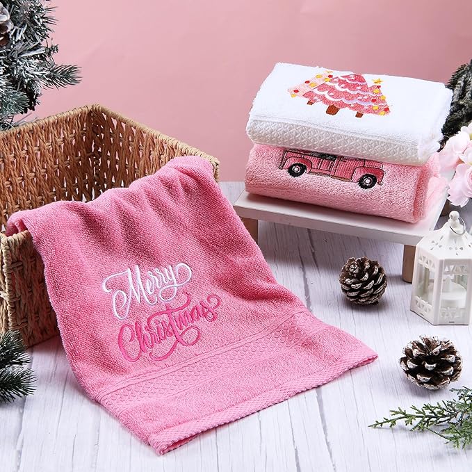 3 Pcs Pink Christmas Hand Towels - Image 4