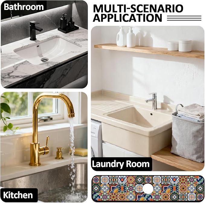2 Pcs Kitchen Sink Splash Guard Faucet Mats Colored Bohemian Tiles Pattern - Image 7