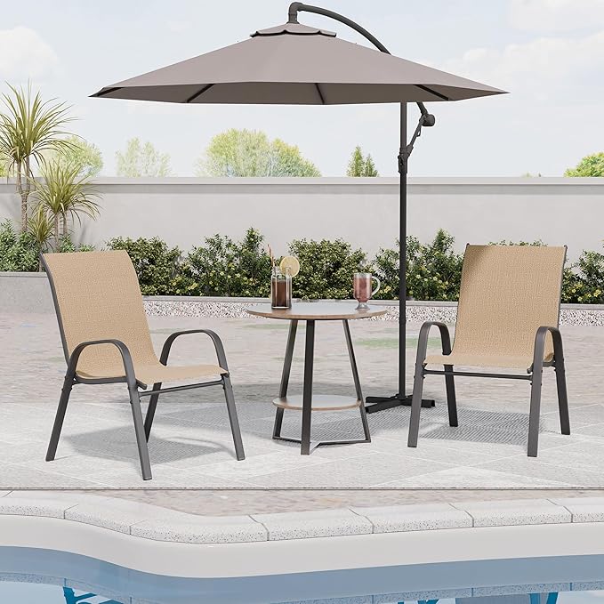 Patio Chairs Set of 2, Outdoor Dining Chairs Stackable for All Weather, Breathable Metal Modern Outside Furniture Chair for Pool Side, Garden, Backyard Deck, Brown - Image 3
