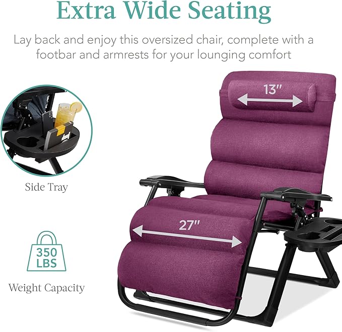 Best Choice Products Oversized Zero Gravity Chair, Folding Outdoor Patio Recliner, XL Anti Gravity Lounger w/Removable Cushion, Cup Holder, Side Tray, 350lb Capacity - Amethyst Purple - Image 5