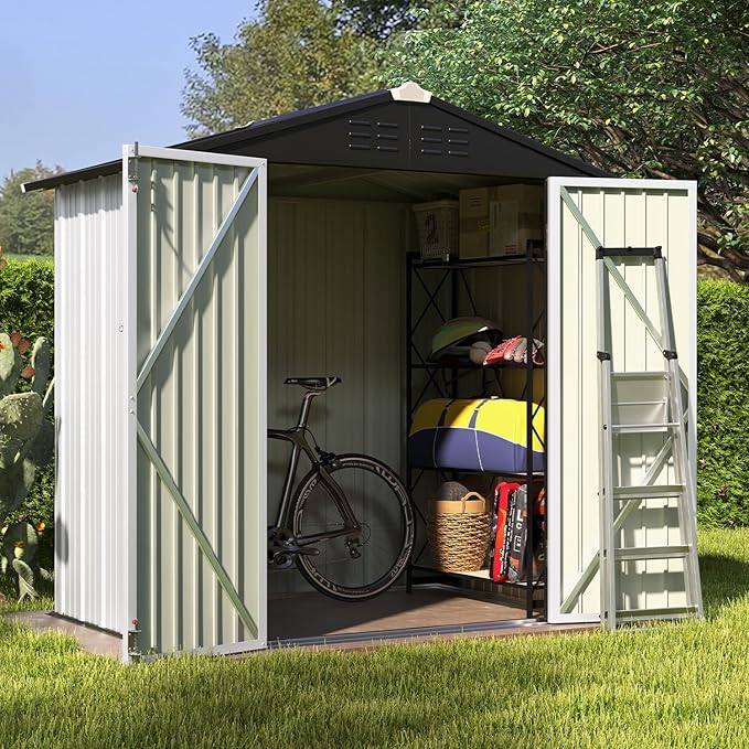 Patiowell 6x4 FT Outdoor Storage Shed, Garden Tool Storage Shed with Sloping Roof and Double Lockable Door, Outdoor Shed for Garden Backyard Patio Lawn,White - Image 3