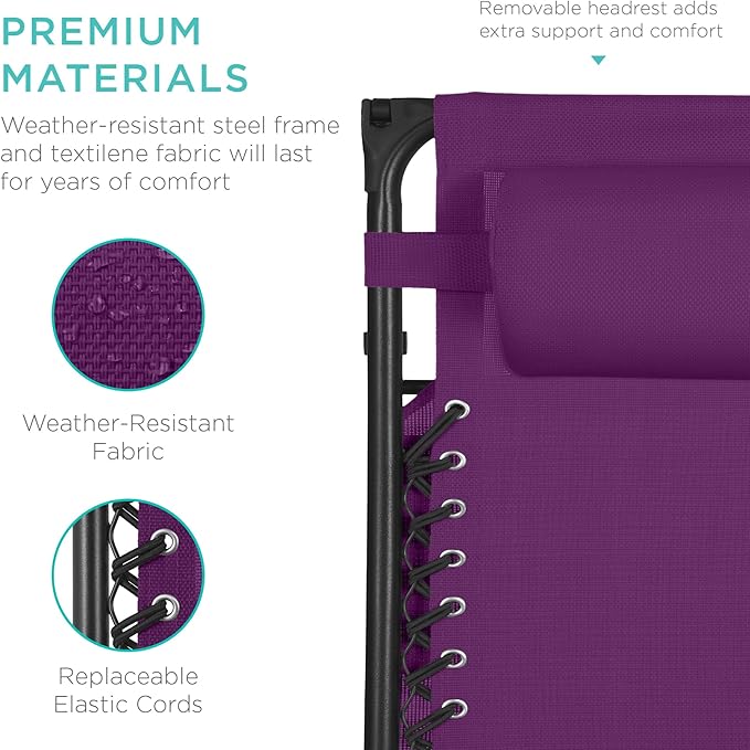Best Choice Products 30” Wide Folding Zero Gravity Outdoor Recliner Patio Lounge Chair w/Adjustable Canopy Shade, Headrest, Side Accessory Tray - Amethyst Purple - Image 7