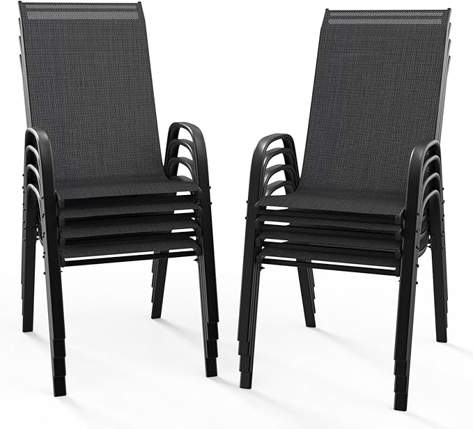 VINGLI Patio Chairs Set of 8 – Stackable Outdoor Dining Chairs with Comfortable Sling High Back Chairs and Armrests for Lawn, Poolside, Courtyard, Balcony, Garden, Black by VINGLI
