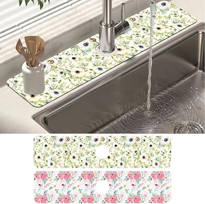 2 Pack Watercolor Floral Sink Faucet Absorbing Mat White Pink Flowers Super by Unknown