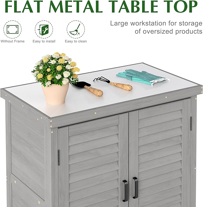 Outdoor Storage Cabinet & Potting Bench Table with Metal Top, Wooden Patio Furniture, Garden Workstation (Accent Grey, 36x31x17in) - Image 5