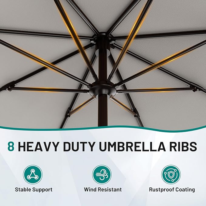 AreShark 9 FT Patio Umbrella for Outdoor, Outdoor Table Umbrella with Push Button Tilt and Crank, Outdoor Patio Umbrellas with 8 Sturdy Ribs for Market, Garden, Pool (Light Gray) - Image 3