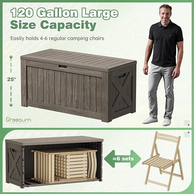 Greesum Outdoor Storage Box 120 Gallon Storage Bin with Lid for Patio Furniture, Garden Tools, Pool Supplies, Lockable, Waterproof and UV Resistant, Coffee - Image 5