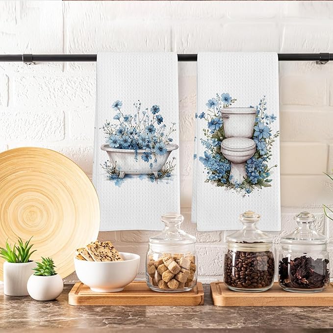 Blue Floral Hand Towels for Bathroom Set of 2, Flower Botanical Dish Tea - Image 5