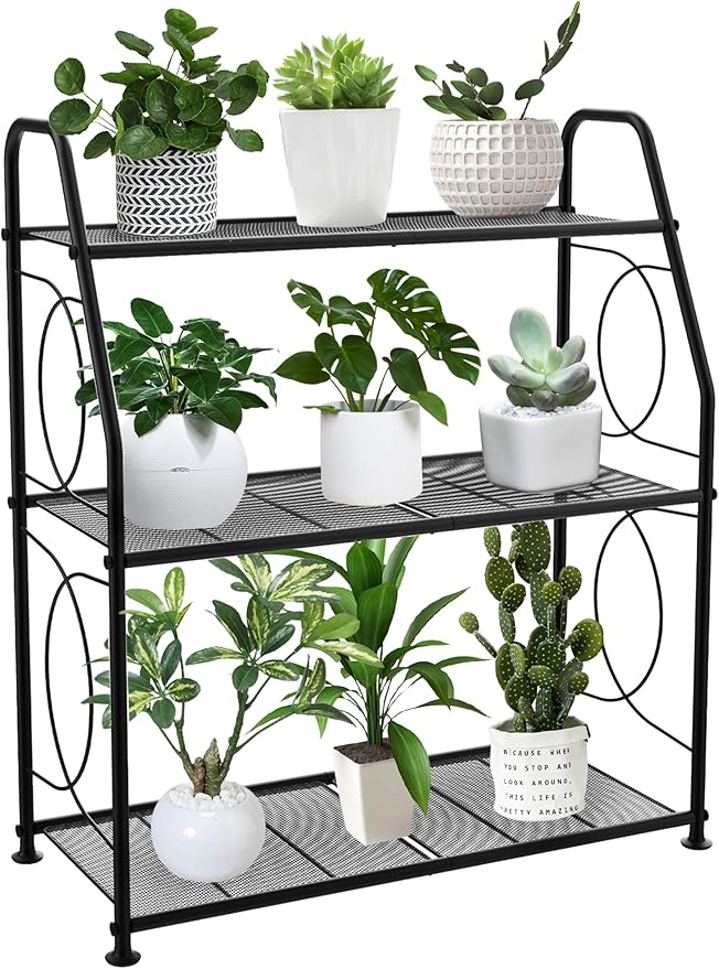 Plant Stand, 3 Tier Plant Shelf for Indoor Outdoor, Heavy Duty Metal Outdoor Plant Stand Holder Rack for Living Room Balcony and Garden, Black by VyGrow