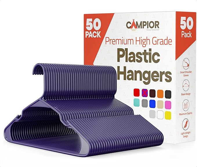 Purple Plastic Hangers 50 Pack– Heavy-Duty Plastic Hangers Slim and Space-Saving by Campior