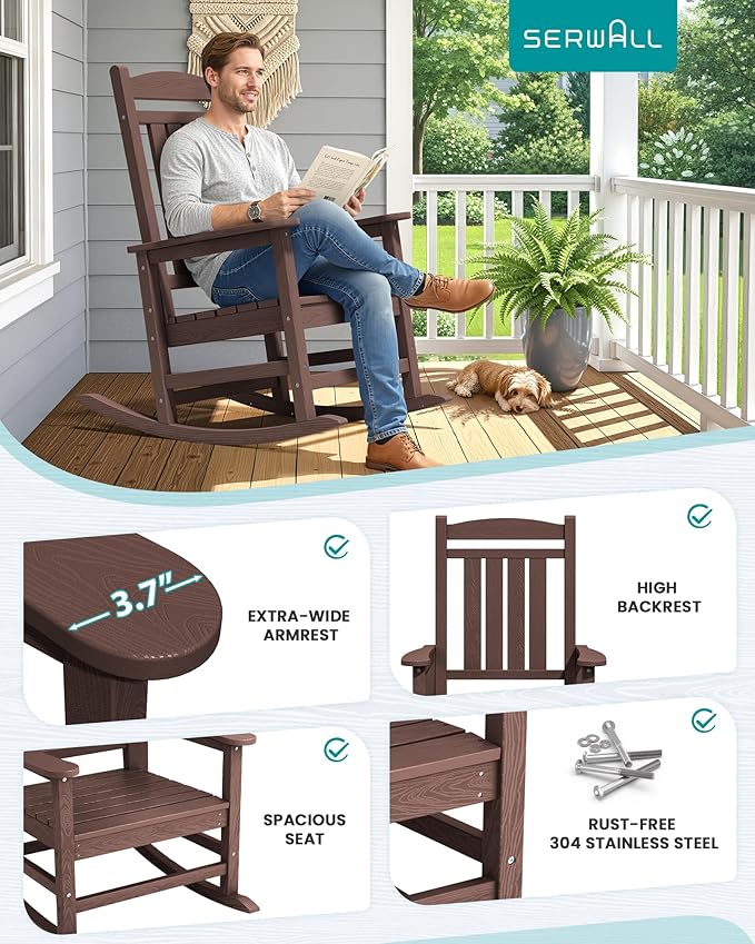 SERWALL HDPE Outdoor Rocking Chair Set of 2, Oversized Patio Rocking Chairs, All-Weather Porch Rockers for Adults, Coffee - Image 7
