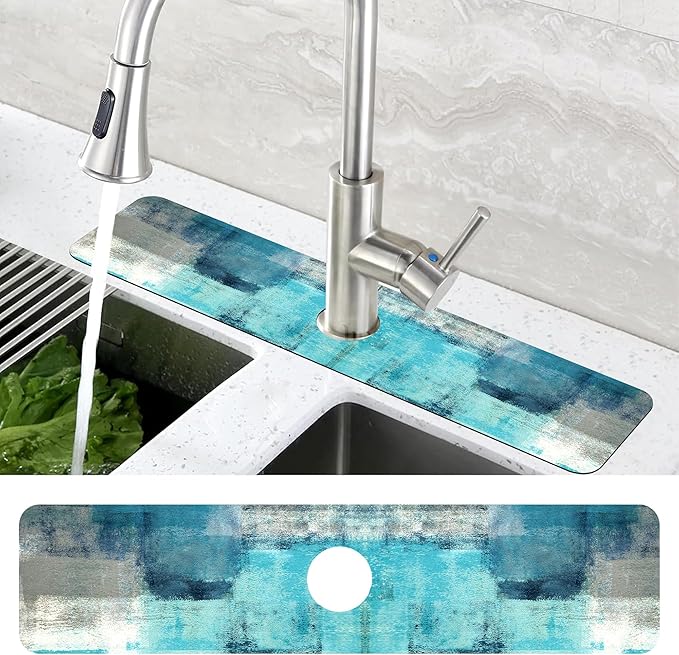 Kitchen Sink Splash Guard Faucet Mat Abstract Teal and Grey Geometric Absorbent - Image 4