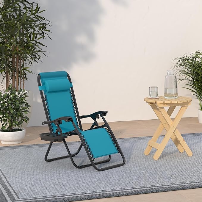Best Choice Products Set of 2 Adjustable Steel Mesh Zero Gravity Lounge Chair Recliners w/Pillows and Cup Holder Trays - Peacock Blue - Image 2