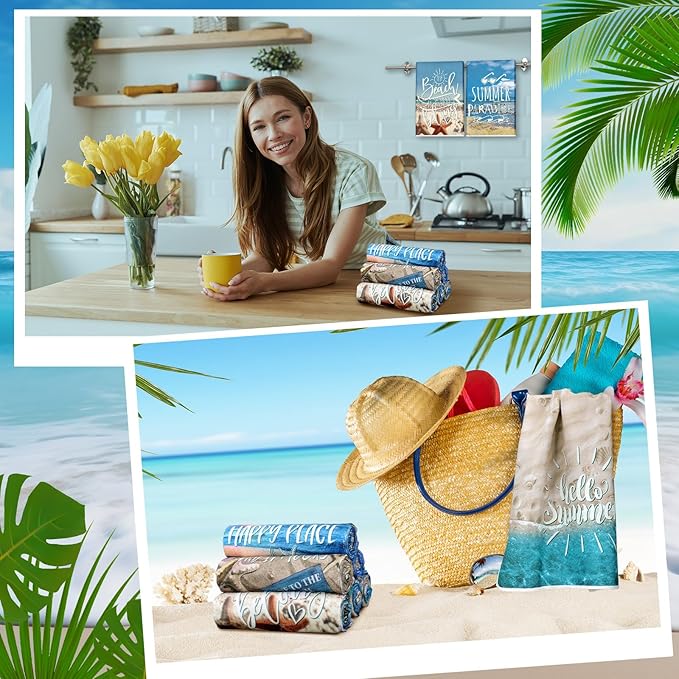 Breling Set of 6 Summer Beach Kitchen Towels Vintage Themed Dish Towel Bathroom - Image 5