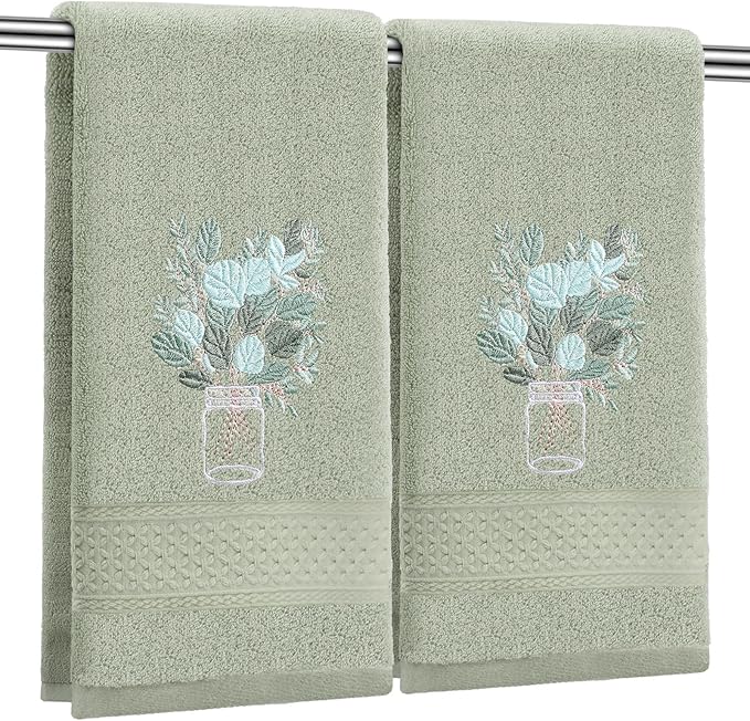 2 Pcs Eucalyptus Hand Towels Gray Green Bathroom Decor 14x29 Inch Embroidered by SmoothNovelty