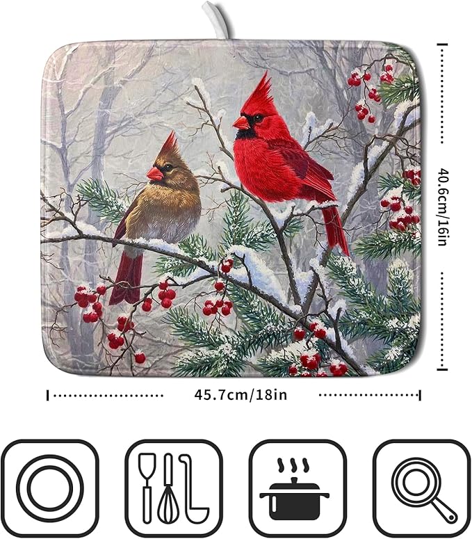 Red Bird Dish Drying Mat Merry Christmas Dishes Pad Absorbent Fast Dry Dish - Image 2