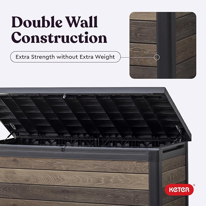 Keter Signature Collection 150 Gallon Resin Deck Box Organization and Storage Box for Patio Outdoor Cushions, Throw Pillows, Garden Tools and Pool Supplies, Walnut - Image 9