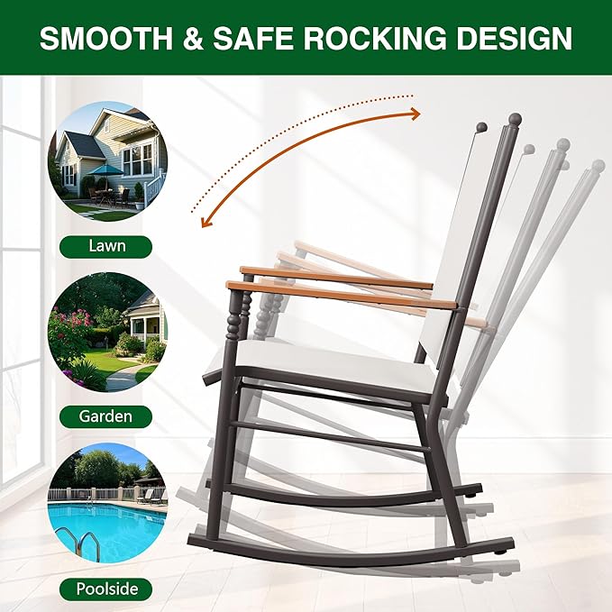 Shintenchi 2 Pcs Outdoor Rocking Chairs Set,Upgraded High Back Patio Rocking Chairs Set,Breathable Textilene Fabric Rocking Chair for Porch,Patio,Garden,Balcony,Creamy White - Image 5