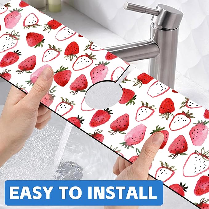 Watercolor Strawberry Kitchen Sink Splash Guard Absorbent Fast Drying Mat - Image 6